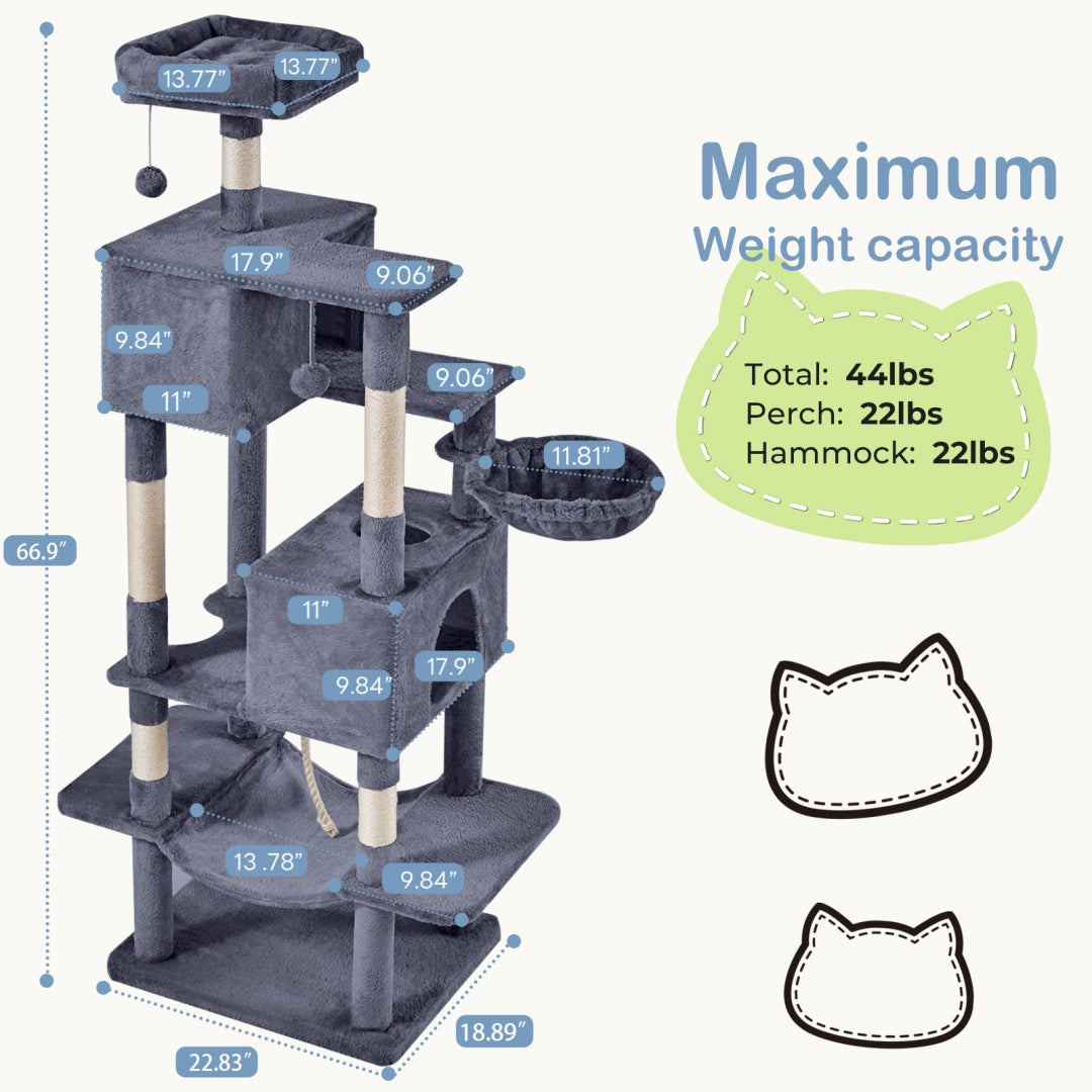 Cat Tree Tower, Large Multi-Cat Climbing Extended Platform, Hammock, Pet House For Indoor Cats And Kittens Play
