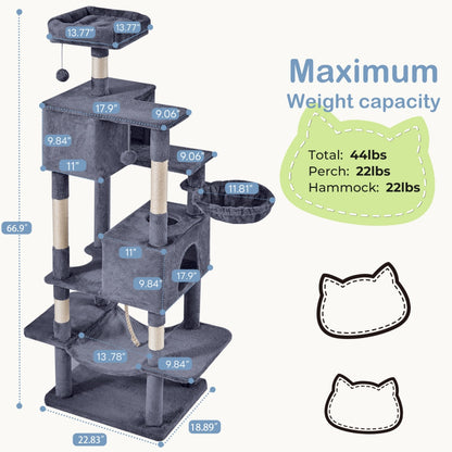 Cat Tree Tower, Large Multi-Cat Climbing Extended Platform, Hammock, Pet House For Indoor Cats And Kittens Play