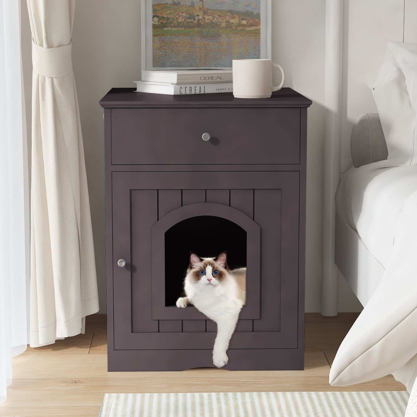 Wooden Pet House Cat Litter Box Enclosure With Drawer & Side Table