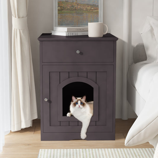 Wooden Pet House Cat Litter Box Enclosure With Drawer & Side Table