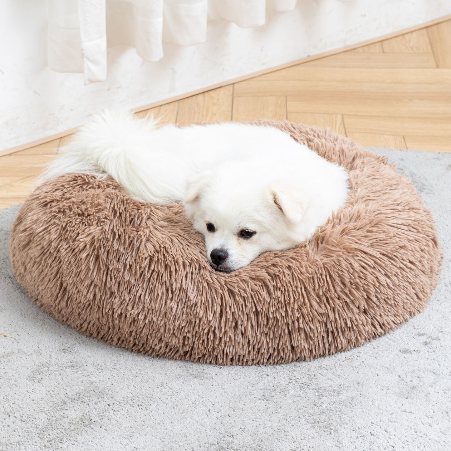 Fluffy Donut Dog Bed  Warm Soft Long Plush Pet Cushion Dog House Cat  Bed Washable Pet Sofa Mat Calming Samll Large Dog Beds
