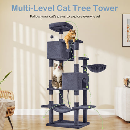 Cat Tree Tower, Large Multi-Cat Climbing Extended Platform, Hammock, Pet House For Indoor Cats And Kittens Play