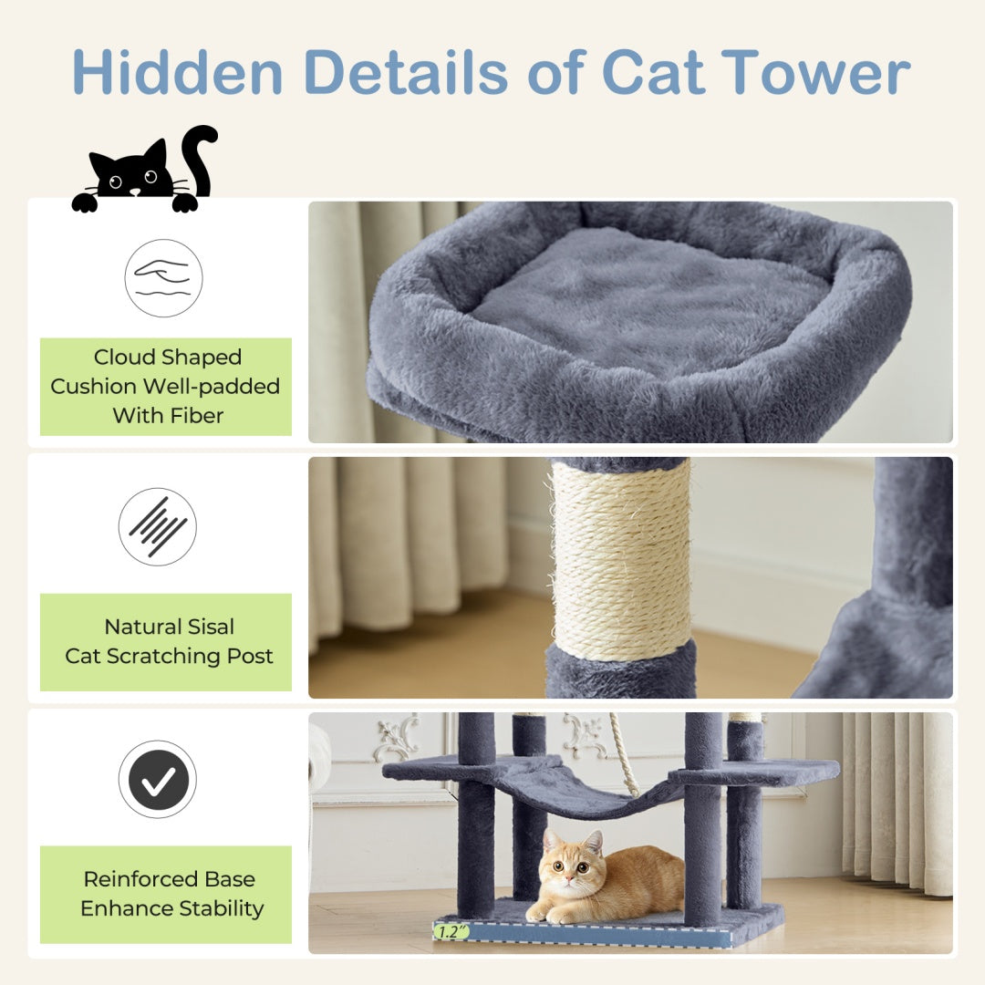 Cat Tree Tower, Large Multi-Cat Climbing Extended Platform, Hammock, Pet House For Indoor Cats And Kittens Play