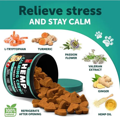 Hemp Calming Chews For Dogs Dog Anxiety Relief Treats With Hemp Oil Turmeric Valerian Ginger Health And Wellness Supplements For Dogs Hip And Joint Support 120 Treats