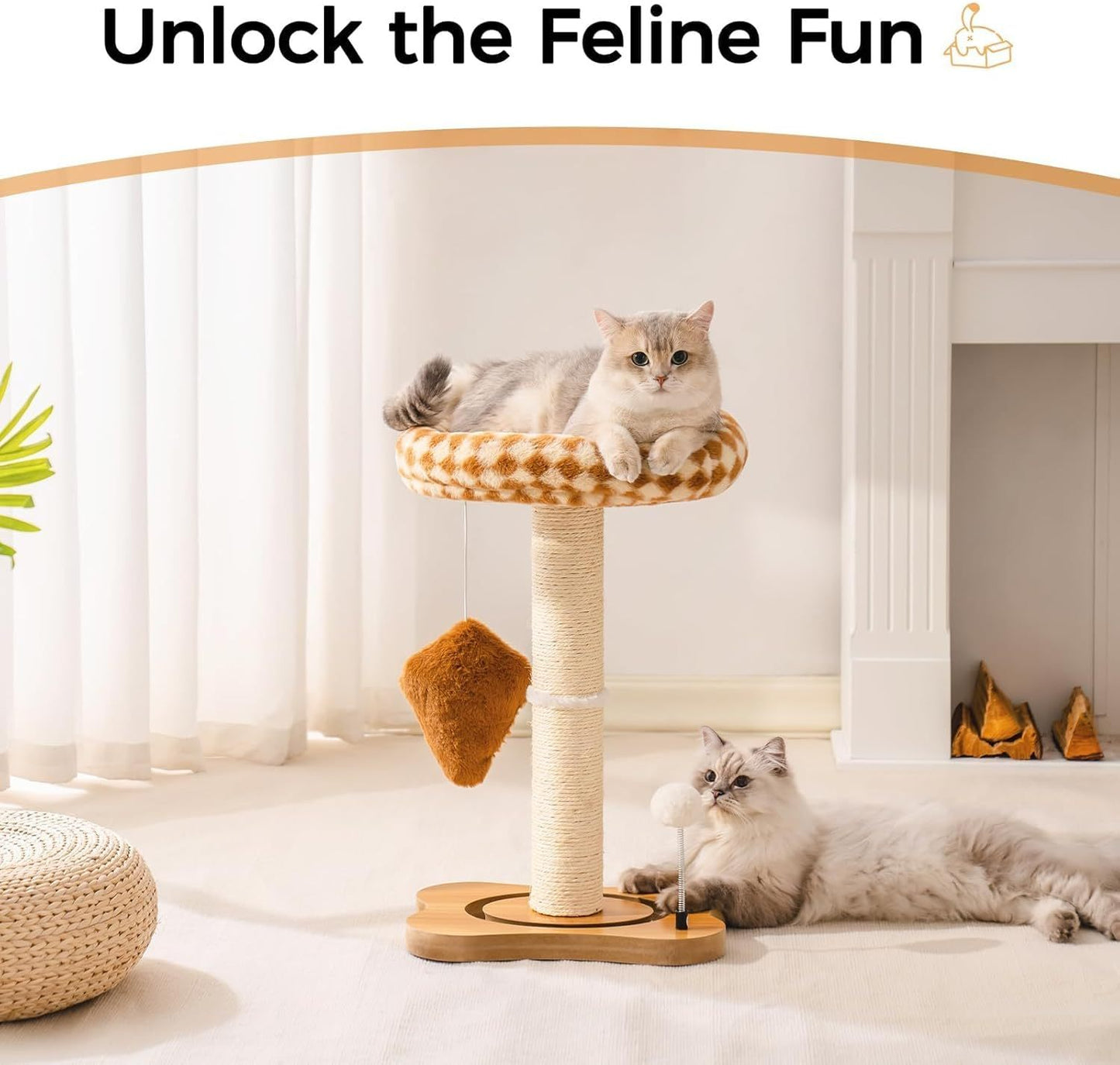 Mewoo Cat Scratching Post With Bed - Small Cat Tower With Sisal Scratcher, Removable Perch & Ball Track Toys For Indoor Cats Brown, Medium