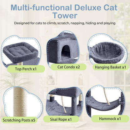 Cat Tree Tower, Large Multi-Cat Climbing Extended Platform, Hammock, Pet House For Indoor Cats And Kittens Play